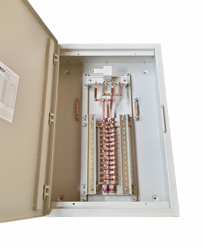Royu MTS main panel board with interlock open metal enclosure showing copper busbars and terminals