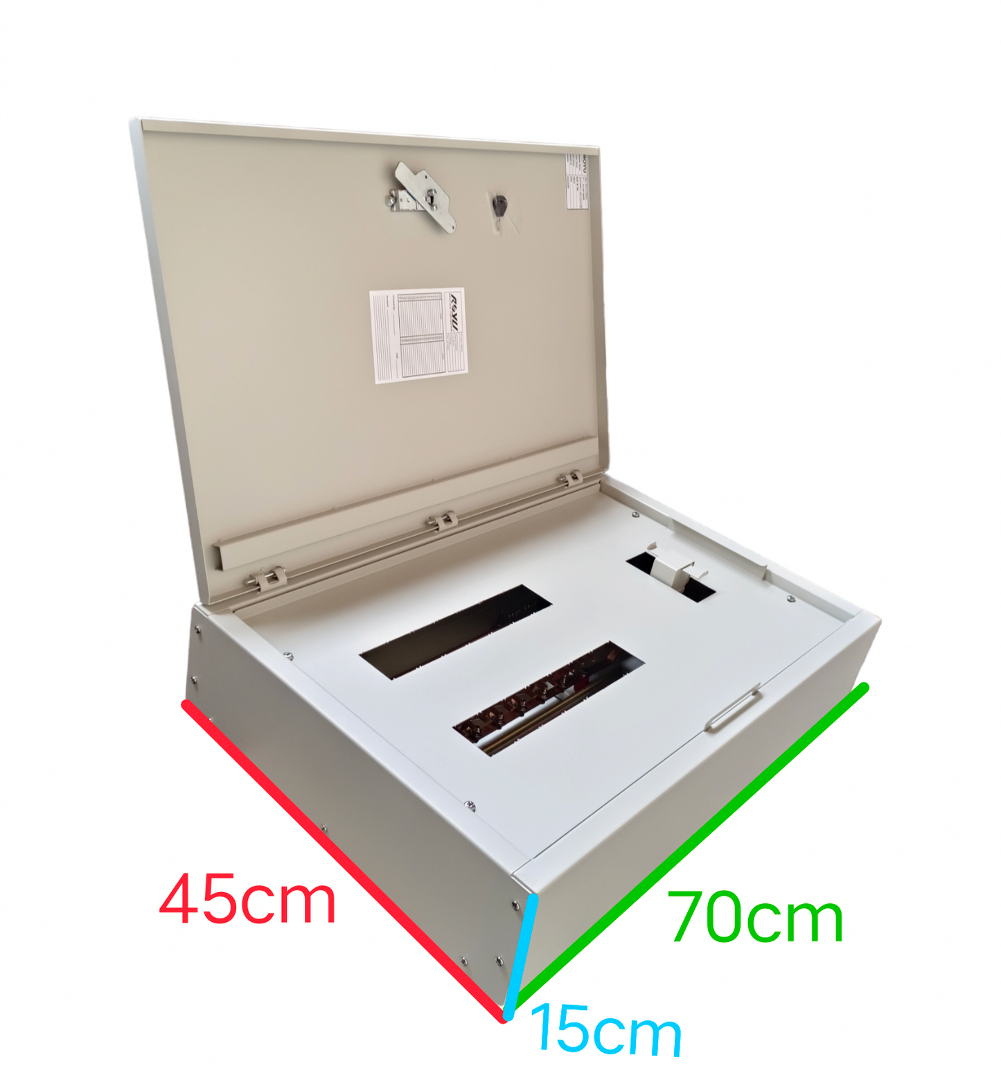 Royu MTS main panel board with interlock metal distribution box open lid showing breaker cutouts and dimensions