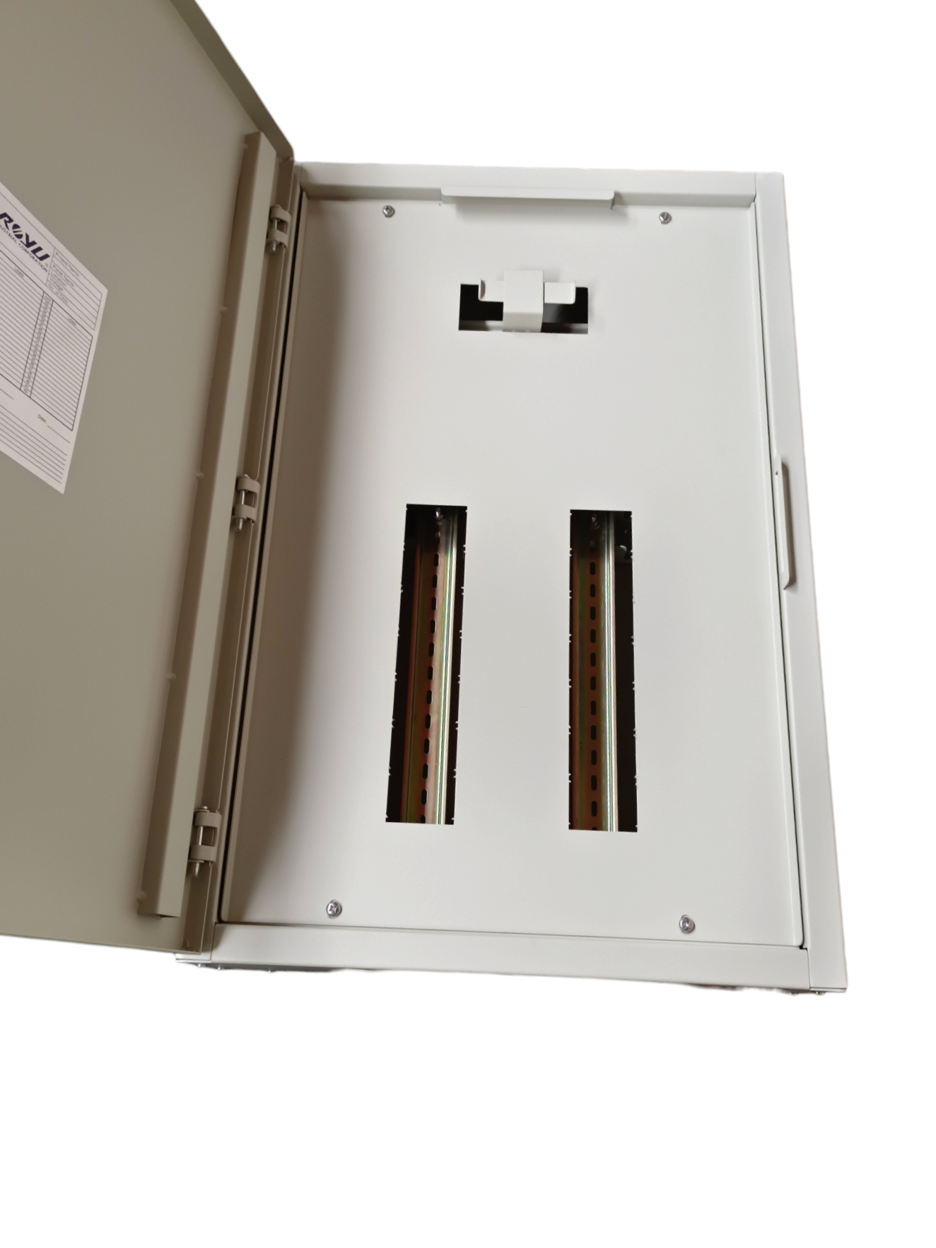 Royu MTS main panel board with interlock. Open metal electrical panel showing two vertical bus slots and hinged door