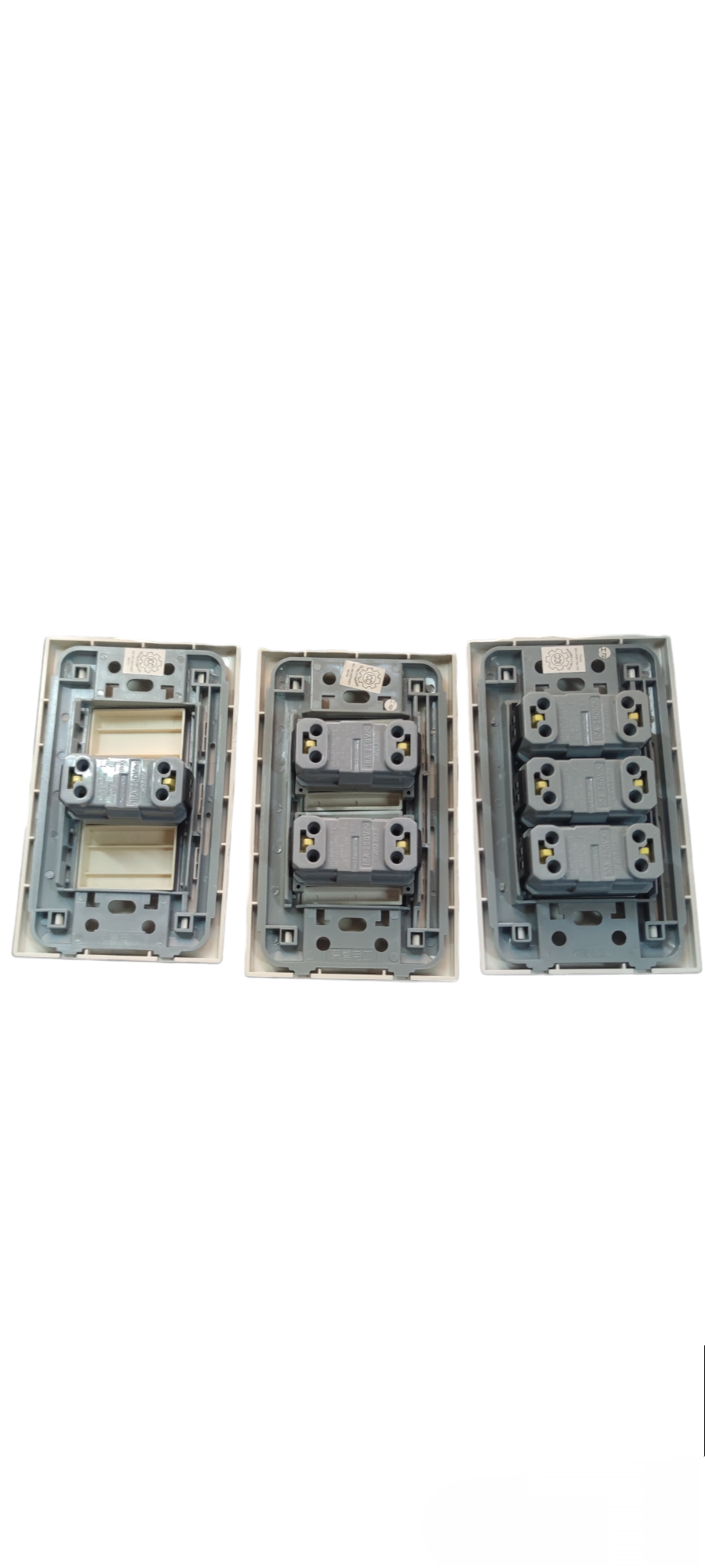 Royu Switch Flush Type 1 Way 10A 250V showing three back panels with different switch configurations
