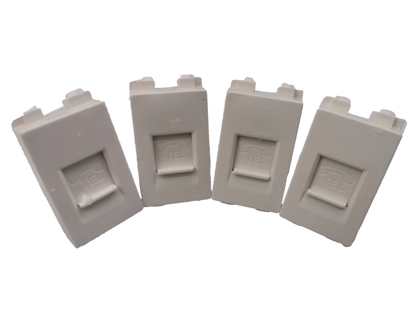 Set of four white Royu Telephone Modular Jack RWX1 wall plates for telephone connections