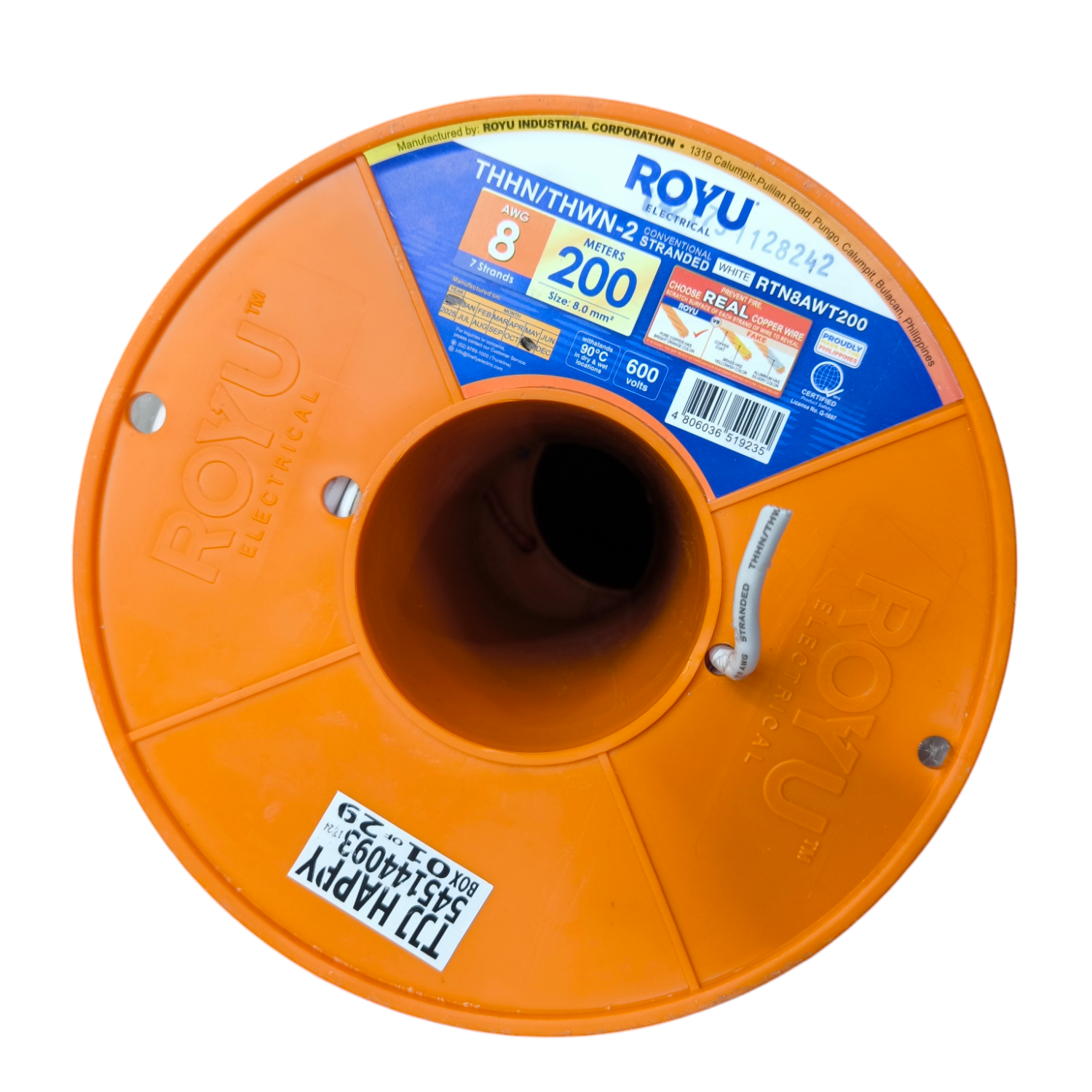 Royu THHN Wire Reel in Orange, 200 feet of 8 AWG THHN wire for electrical wiring projects