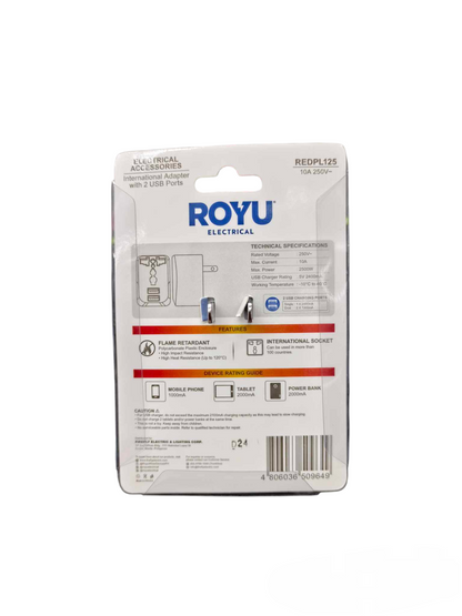 Royu Travel Adaptor with Universal Outlet packaging showing electrical specifications and device compatibility