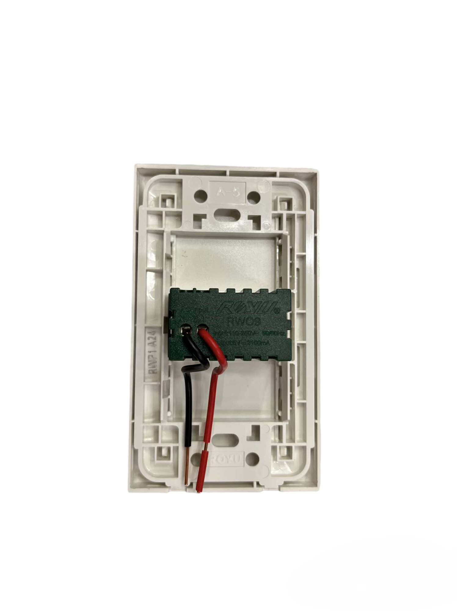 Royu wall charger USB Outlet with Plate Cover showing wiring and mounting frame in white