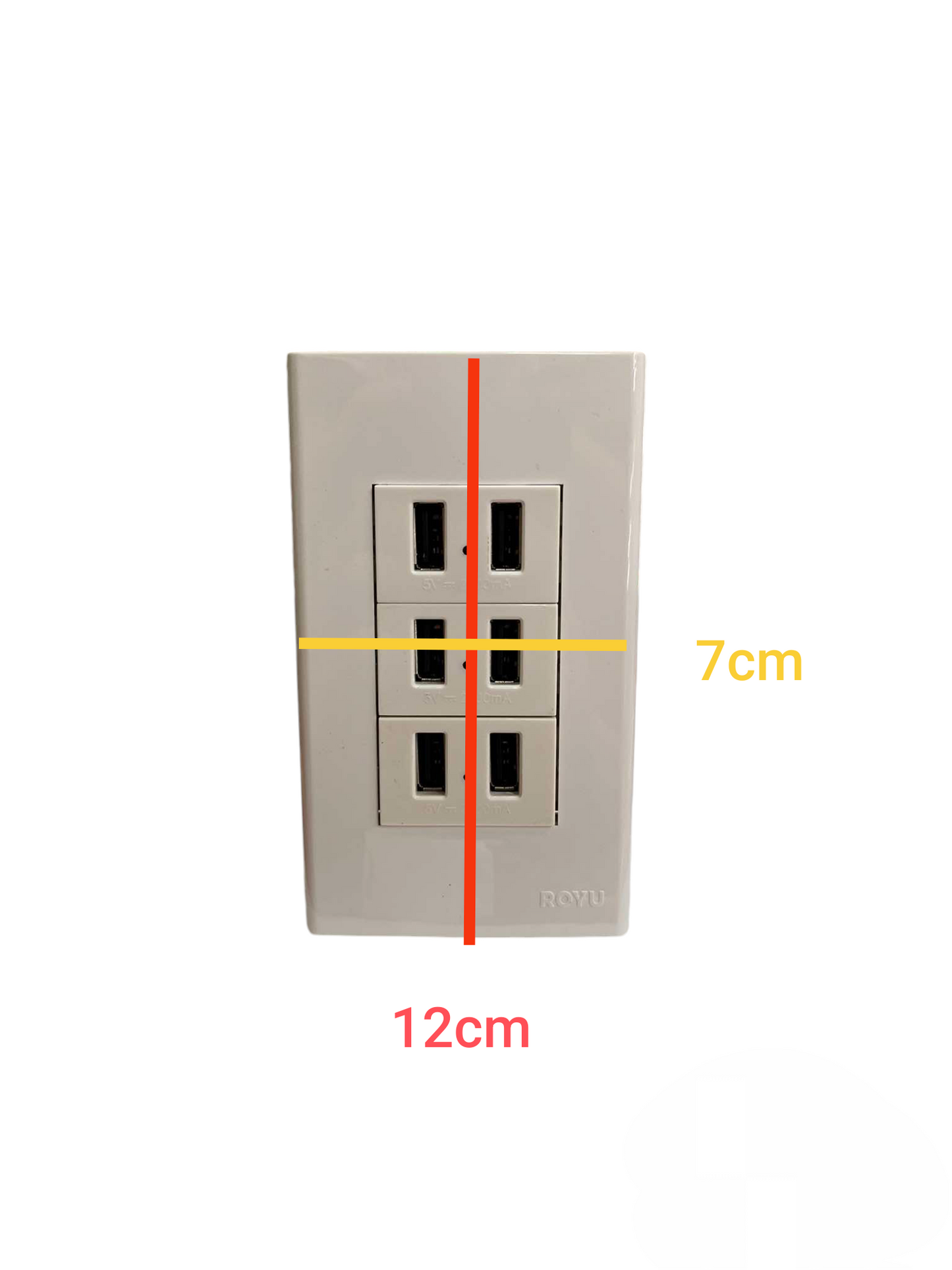 Royu USB Outlet with Plate Cover wall charger with six USB ports and compact 12 by 7 cm dimensions