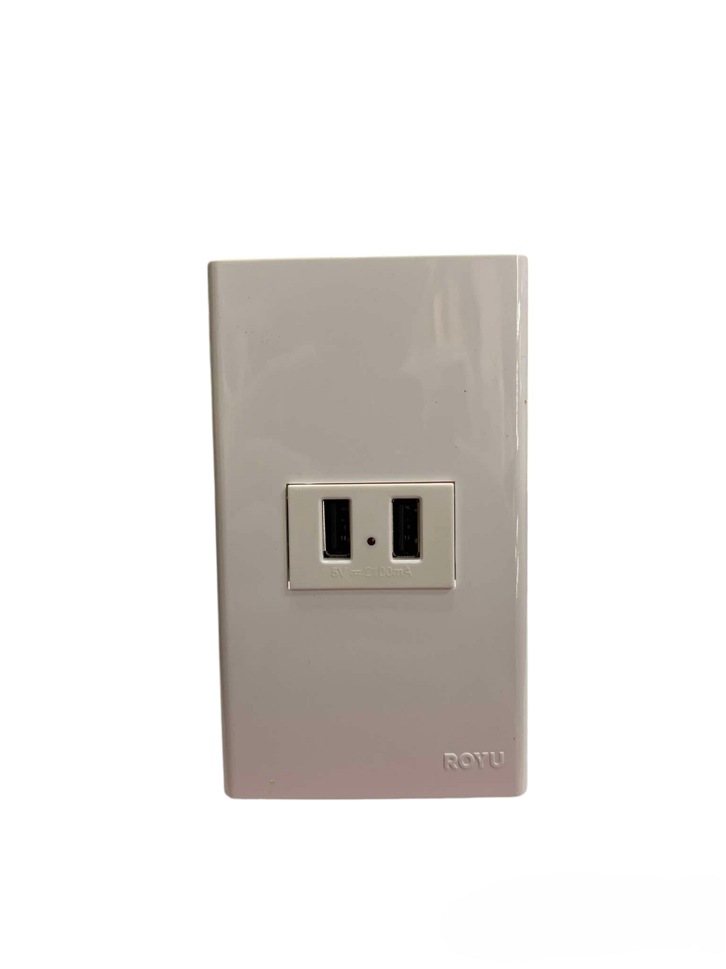 Royu USB Outlet with Plate Cover wall charger featuring dual USB ports in a white sleek design
