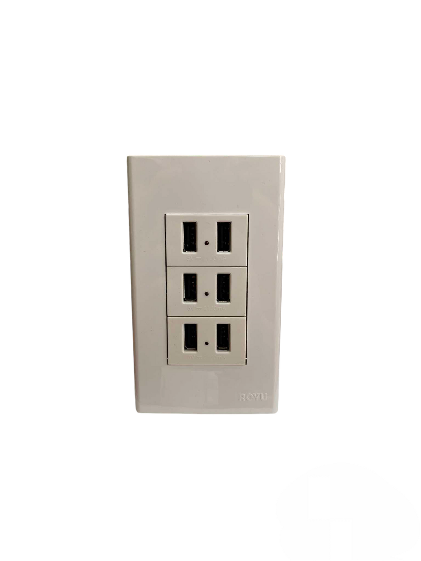 Royu USB Outlet with Plate Cover featuring three dual USB ports in white wall charger design