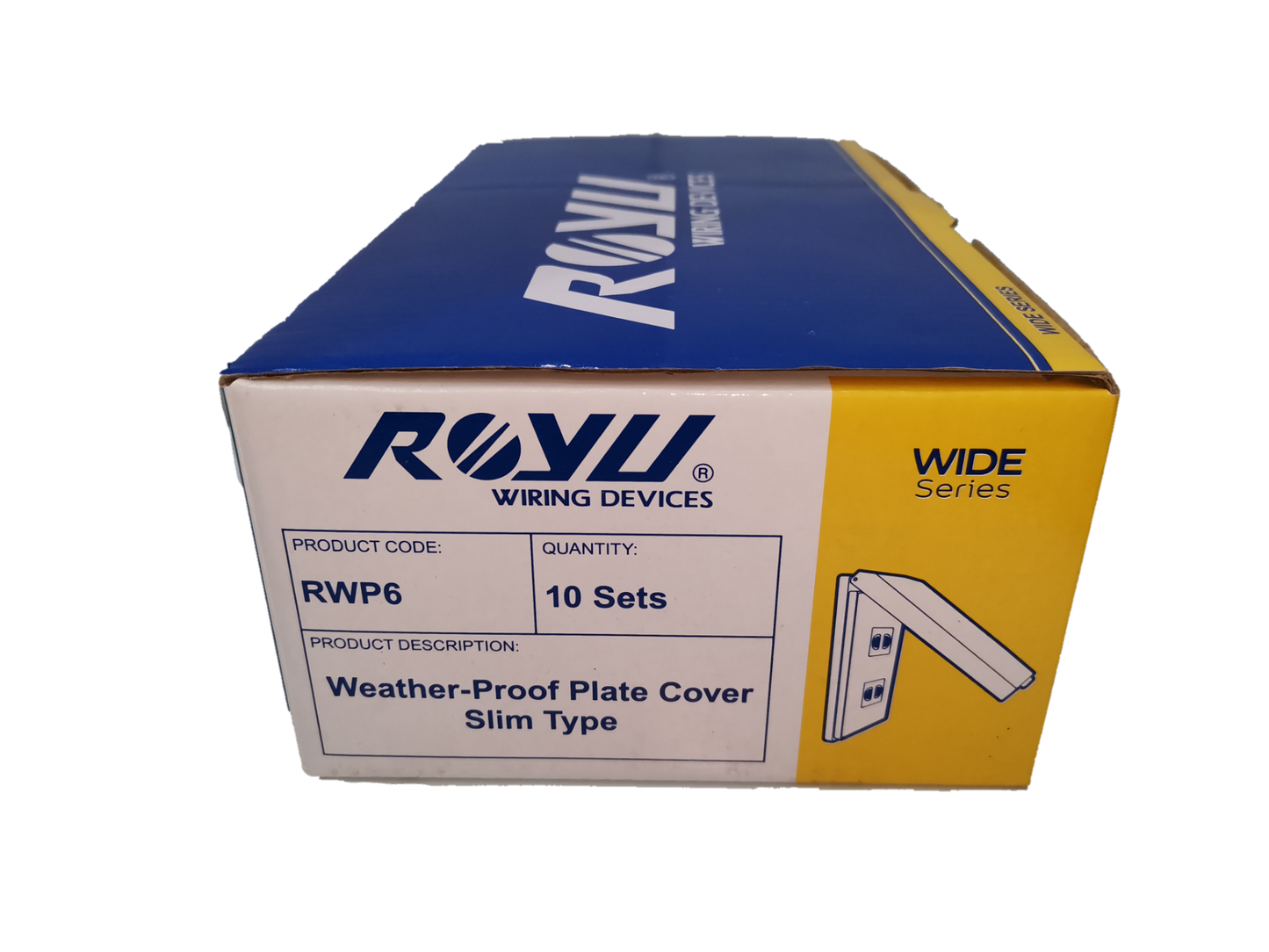 Royu Weatherproof Plate Cover box packaging showing slim type cover in wide series for power points switches and plugs