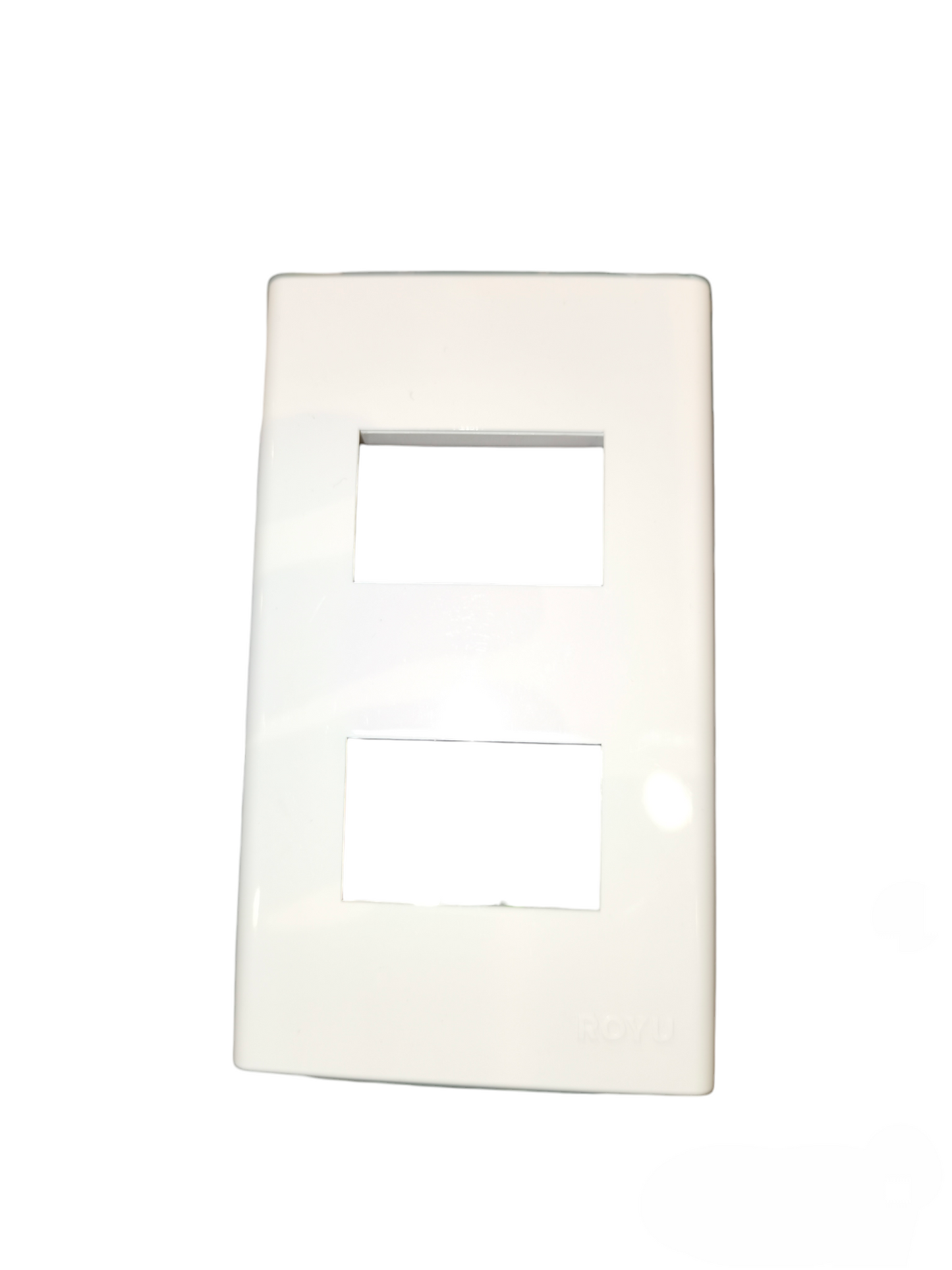 White Royu wide series plate cover with two rectangular openings for power points and switches