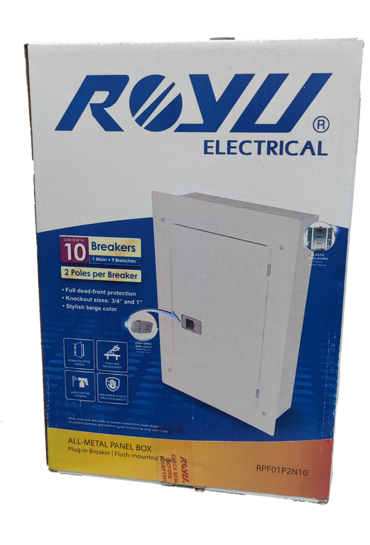 Royu Electrical Panel Board 5x5 10 Holes for 2 Pole Plug in all-metal panel box with breaker protection
