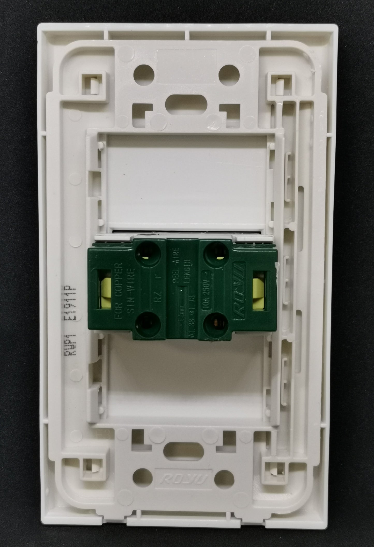 Royu 1 Gang Universal Outlet with Plate rear view showing white mounting frame and green terminal block