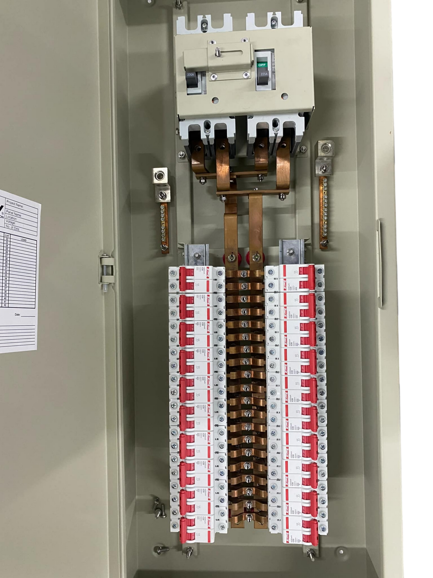 Chint main breaker panel board with 20 branches. Interior view showing main breaker copper bus and dual rows of breakers