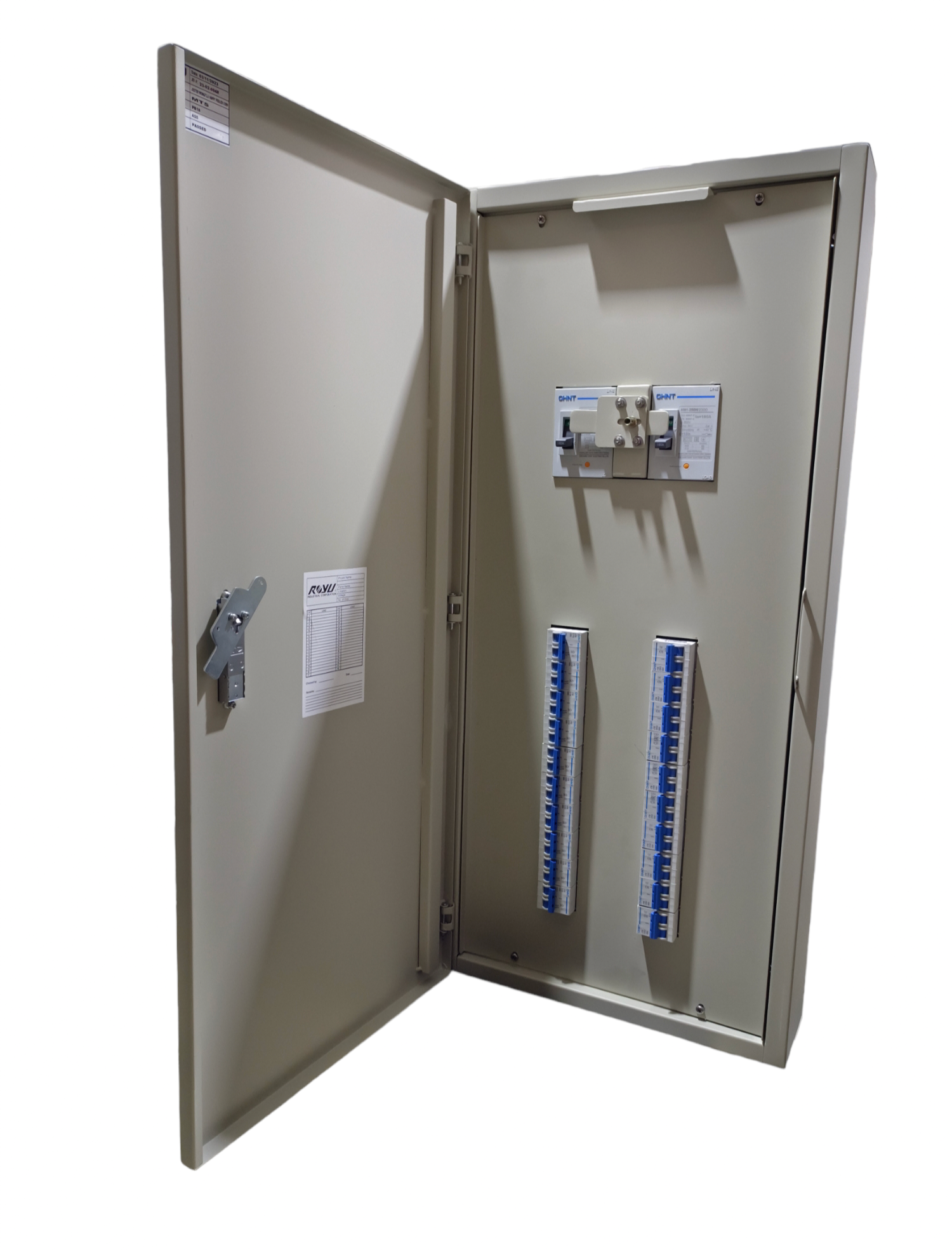 Chint distribution cabinet with main breaker panel board with 20 branches. Open door shows main breaker and two rail strips