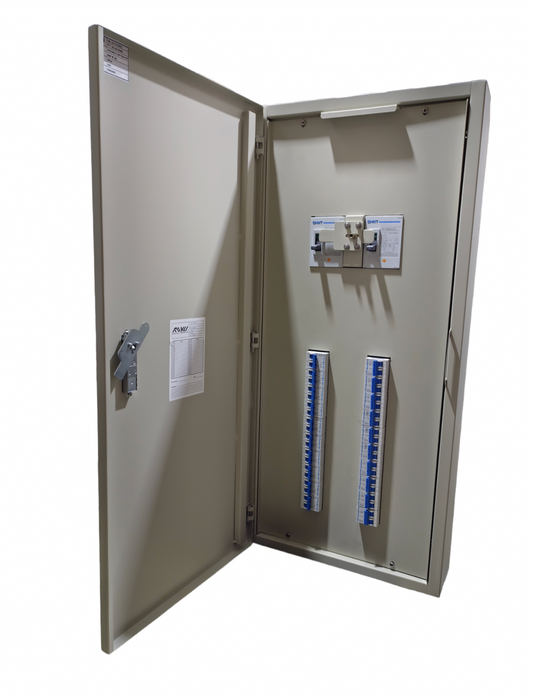 Chint distribution cabinet with main breaker panel board with 20 branches. Open door shows main breaker and two rail strips