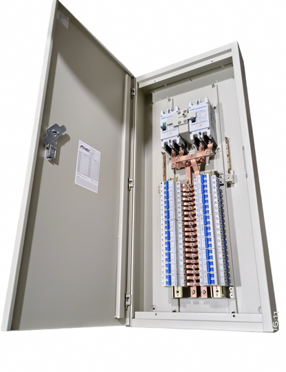Chint main breaker panel board with 20 branches open metal enclosure showing breakers copper busbars and wiring