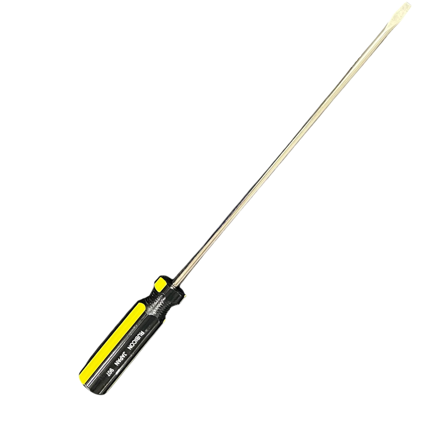 Rubicon 250mm screwdriver with yellow and black handle and long flat blade for hand tool use