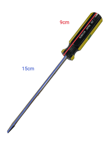 Rubicon 6 inch flat head screwdriver with black and yellow ergonomic handle on black background