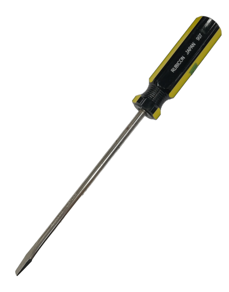 Rubicon 6 inch flat head screwdriver with black and yellow ergonomic handle for precise hand tool use