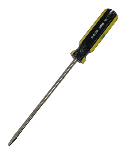 Rubicon 6 inch flat head screwdriver with black and yellow ergonomic handle for precise hand tool use