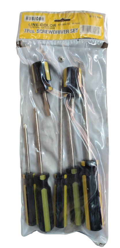 Rubicon 7pcs Screw Driver Set with black and yellow handles in clear plastic packaging