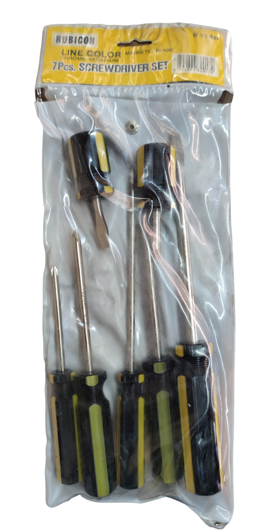 Rubicon 7pcs Screw Driver Set with black and yellow handles in clear plastic packaging