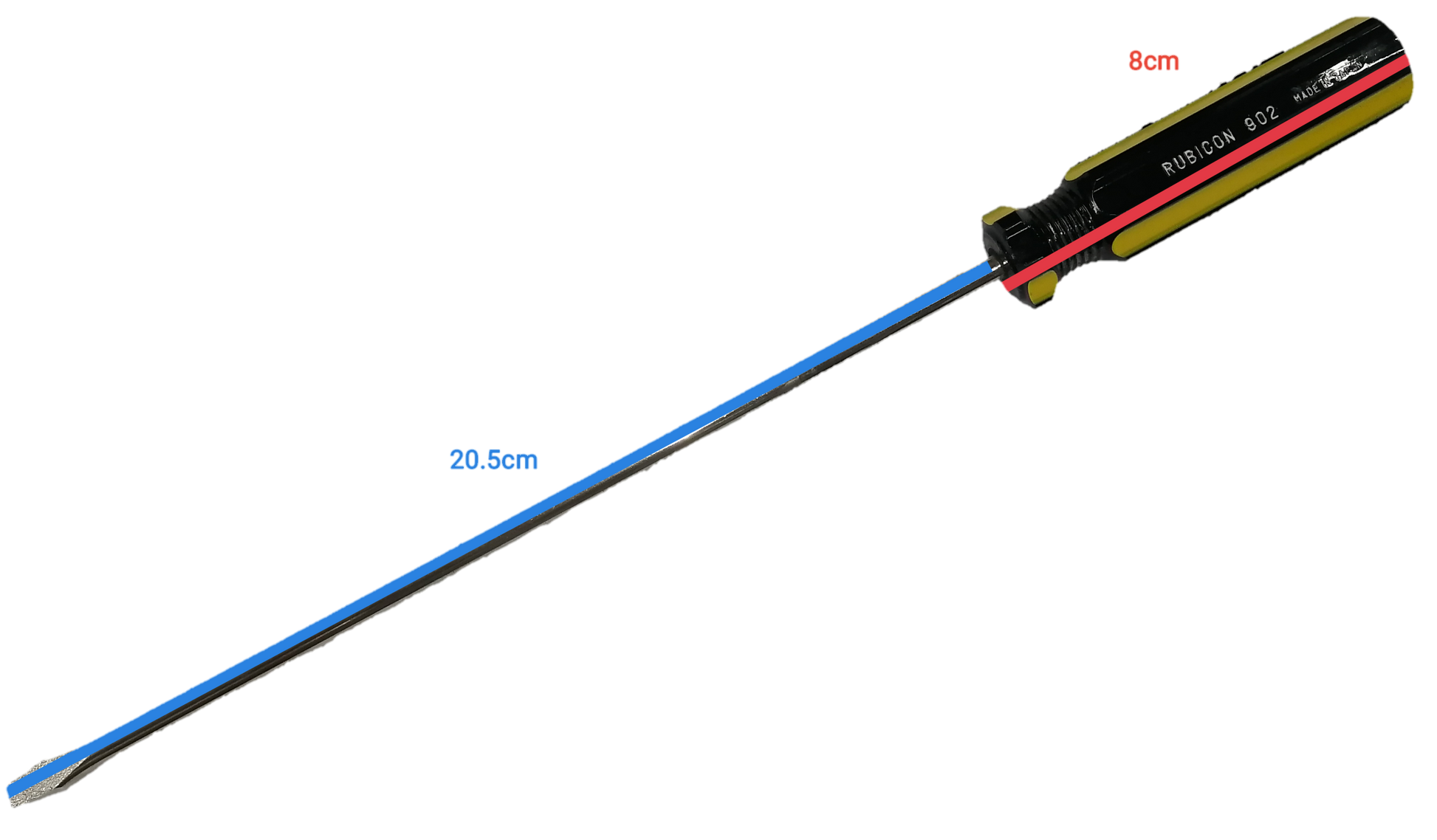 Rubicon 8 Inch Flat Head Screw Driver 902 with black yellow and red handle and long metal shaft