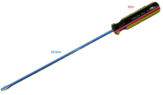 Rubicon 8 Inch Flat Head Screw Driver 902 with black yellow and red handle and long metal shaft