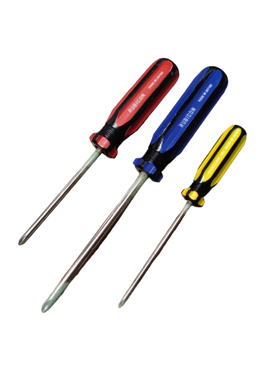 Set of Rubicon Screw Driver Made in Japan featuring ergonomic handles in red, blue, and yellow for easy gripping