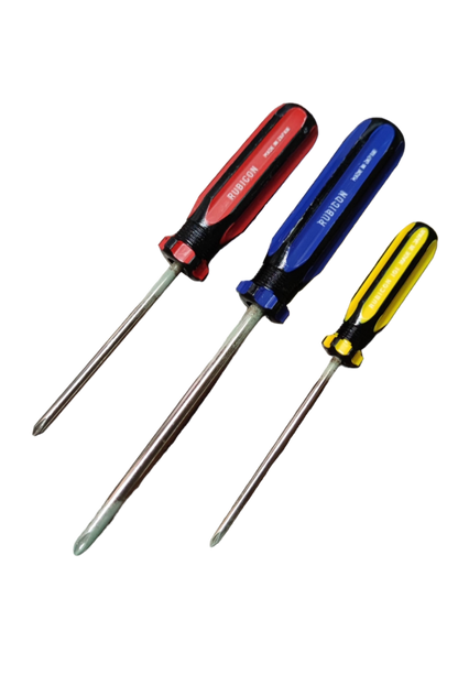 Set of Rubicon Screw Driver Made in Japan featuring ergonomic handles in red, blue, and yellow for easy gripping