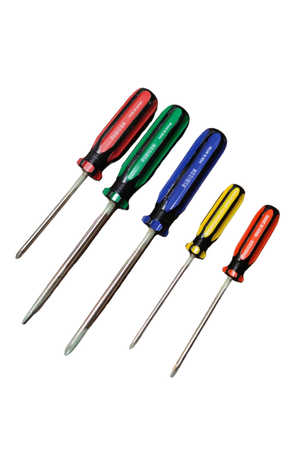 Rubicon Screw Driver Set 2 Flat Head and 3 Philips with colorful ergonomic handles on black background