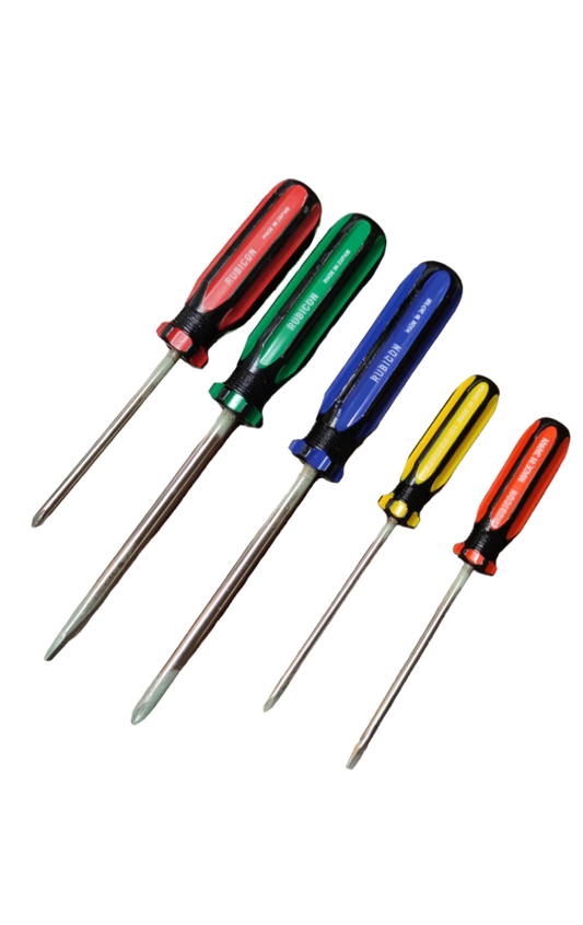 Rubicon Screw Driver Set 2 Flat Head and 3 Philips with colorful ergonomic handles on black background