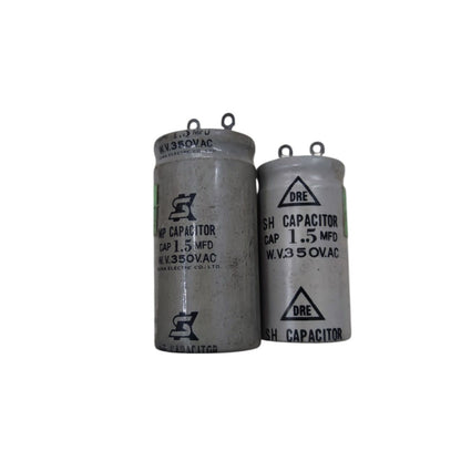 Two Running Capacitor 1.5Uf 350V AC for electrical applications with metal casing and connection points