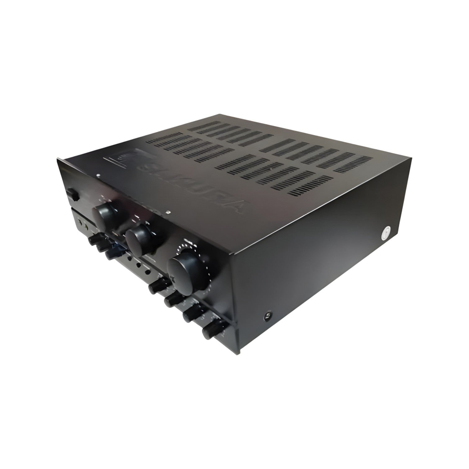 Sakura AV-5023 home karaoke amplifier with adjustable volume and bass controls in a sleek black design
