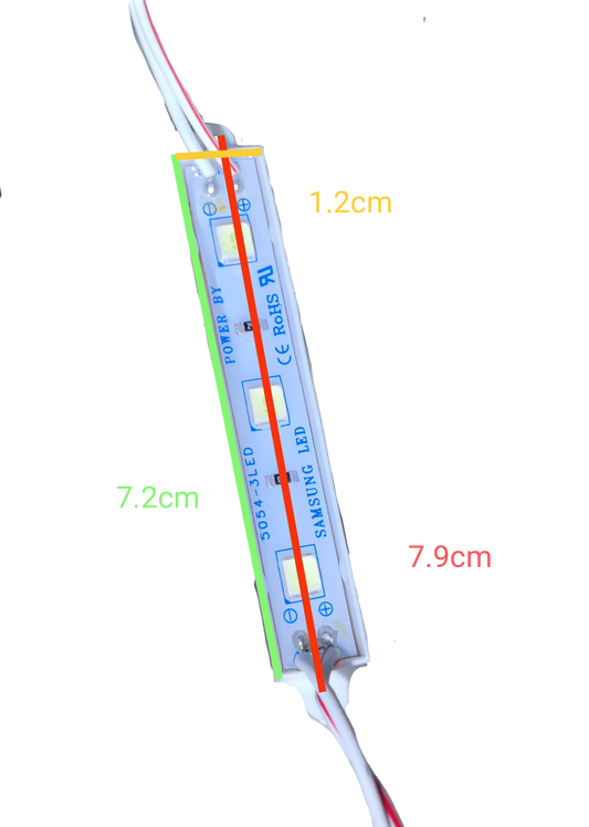 12V LED module daylight 6500K from China with three LED lights and wiring on a white strip