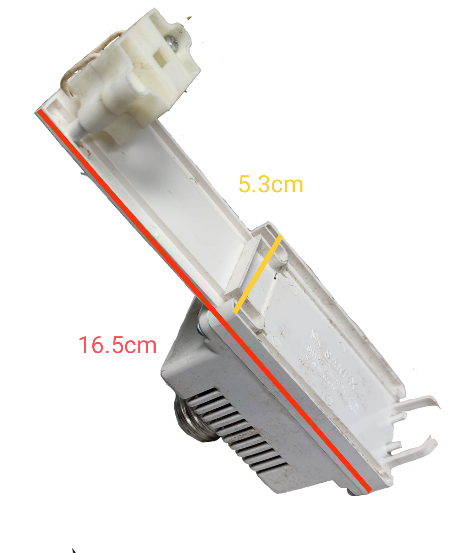 PLC Adaptor to E27 5W-11W white lighting installation accessory with measurements on black background