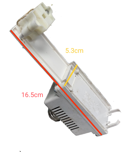 PLC Adaptor to E27 5W-11W white lighting installation accessory with measurements on black background