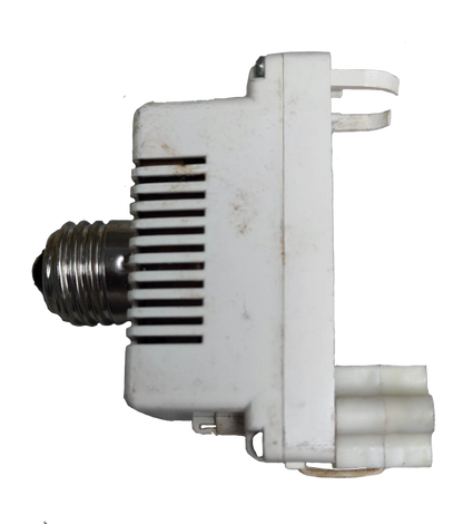White PLC Adaptor to E27 5W-11W lighting installation accessory with metal screw base on black background
