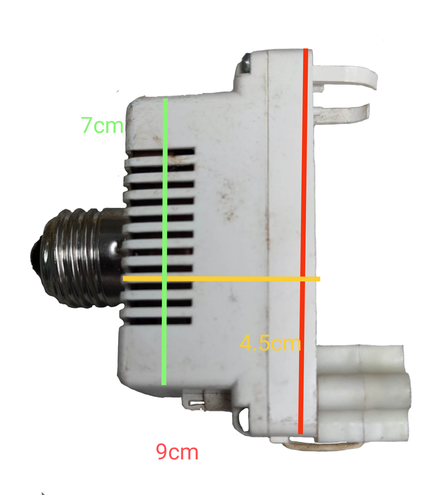 PLC Adaptor to E27 5W-11W white lighting installation accessory with dimensions on black background