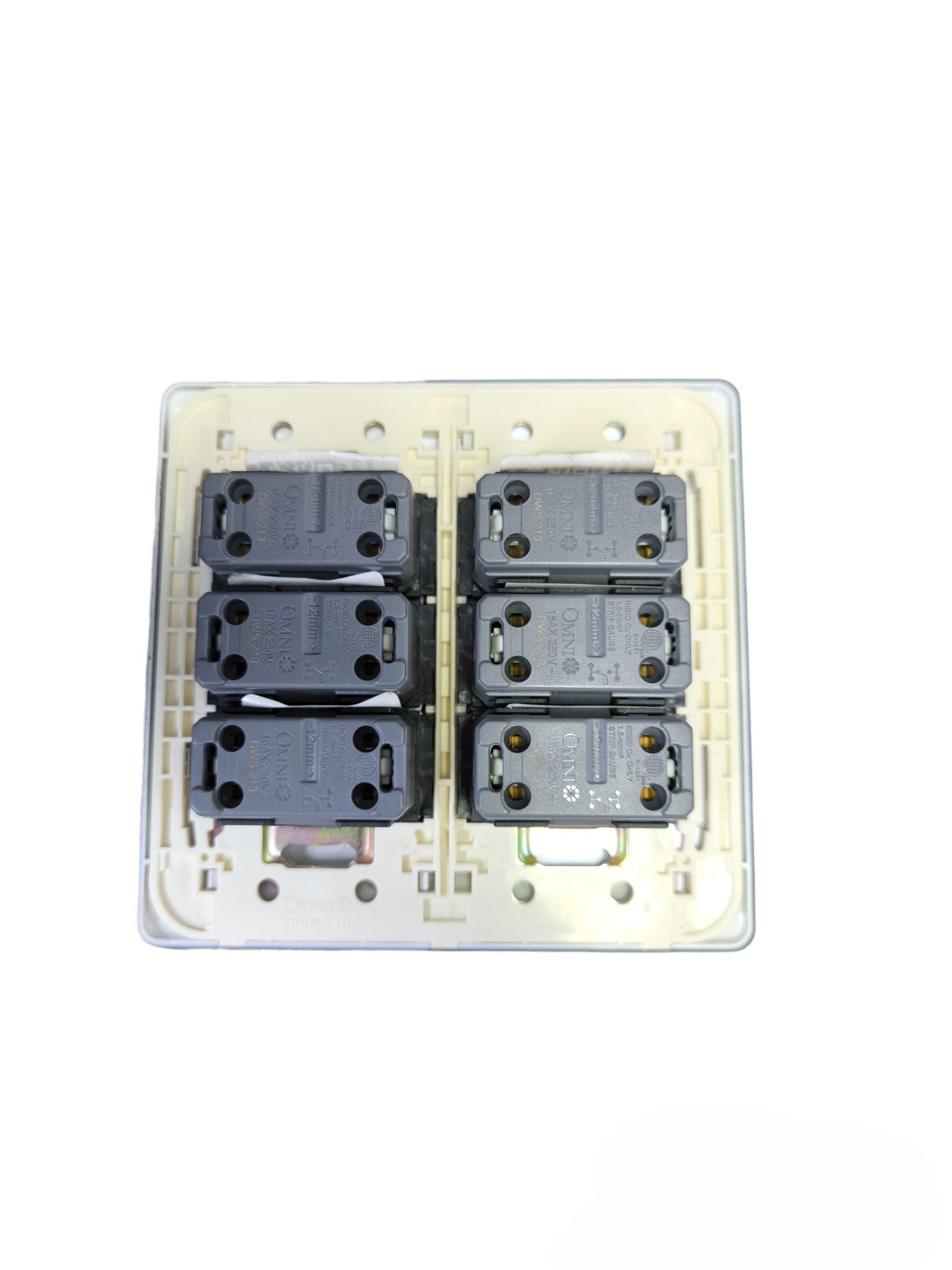 Omni 6 Gang 1 Way Switch with box 16A 250V showing internal wiring and components