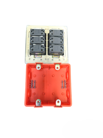 Omni 6 Gang 1 Way Switch with box 16A 250V showing internal wiring and red mounting box