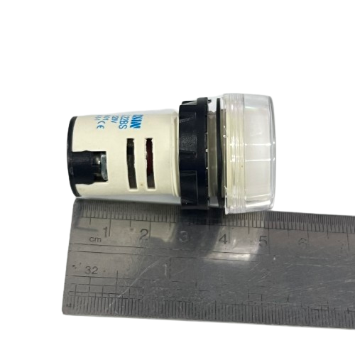 Pilot Lamp WHITE 22mm 220V AC Sassin LED indicator with clear plastic lens beside ruler showing size