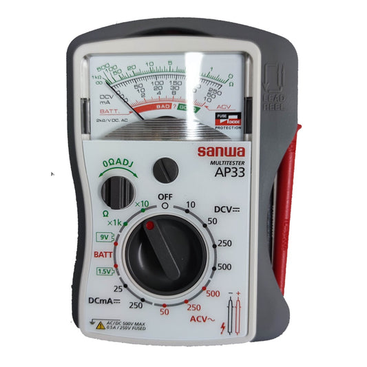 Sanwa analog pocket tester AP-33 500V AC with easy-to-read dial and probes for electrical testing
