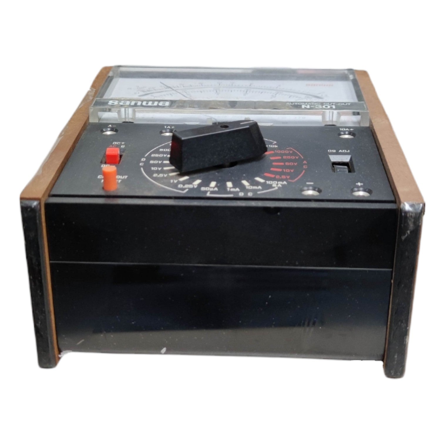 Vintage electronic device with wooden frame and Sanwa branding on a white background Sanwa Automatic Cut-Out Multi Tester Vintage Multi Power Tester N-301 (For Display on your Collection)