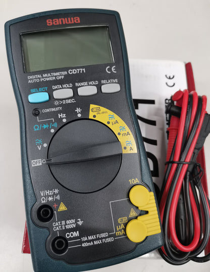 Sanwa CD771 Digital Multimeter with dial settings and red black test leads for electrical measurements