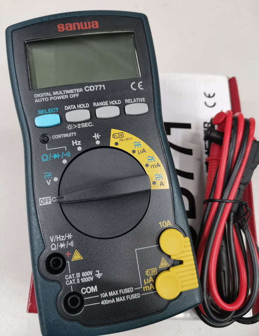Sanwa CD771 Digital Multimeter with dial settings and red black test leads for electrical measurements