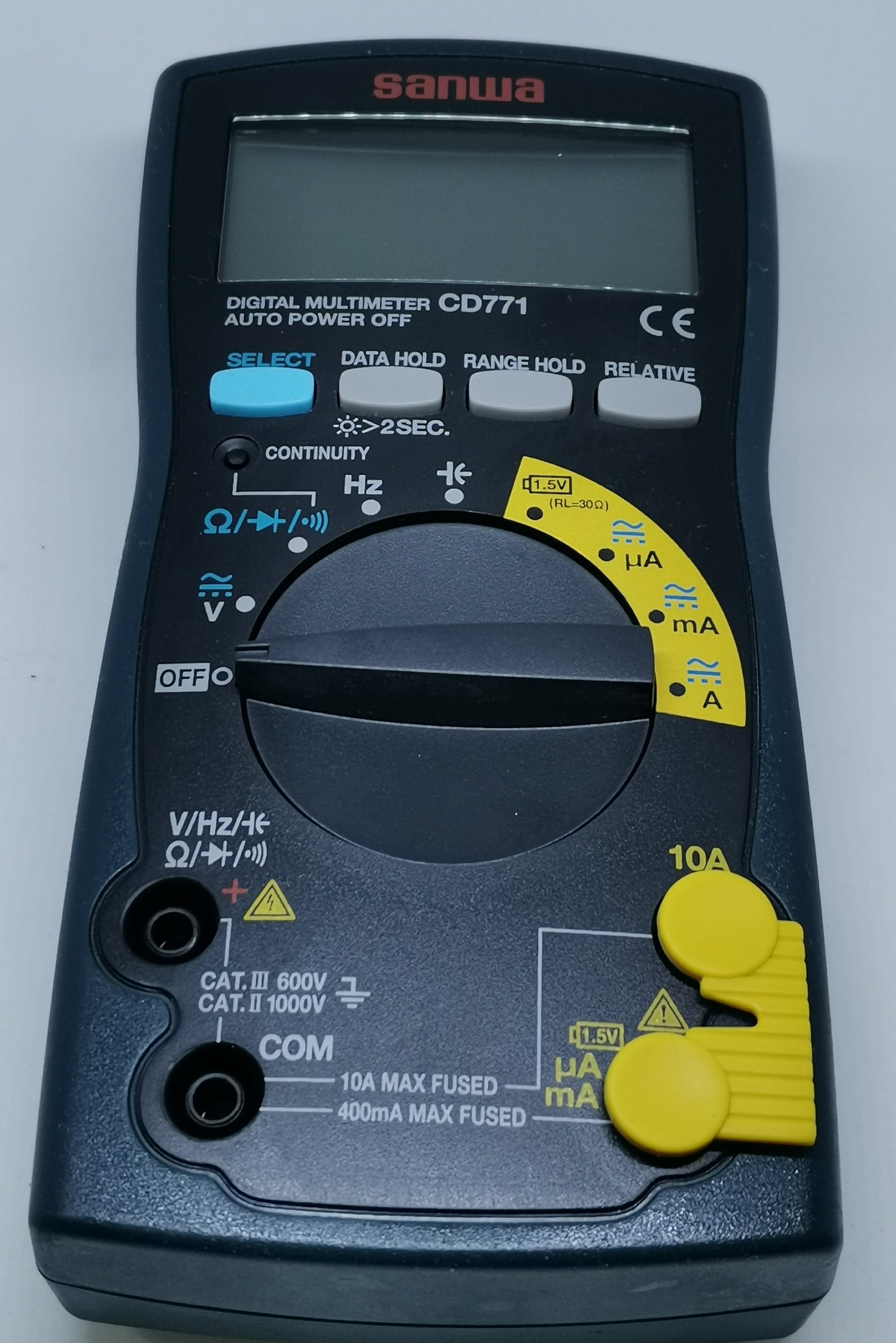 Sanwa CD771 Digital Multimeter with rotary dial and yellow test lead holders for electrical measurements