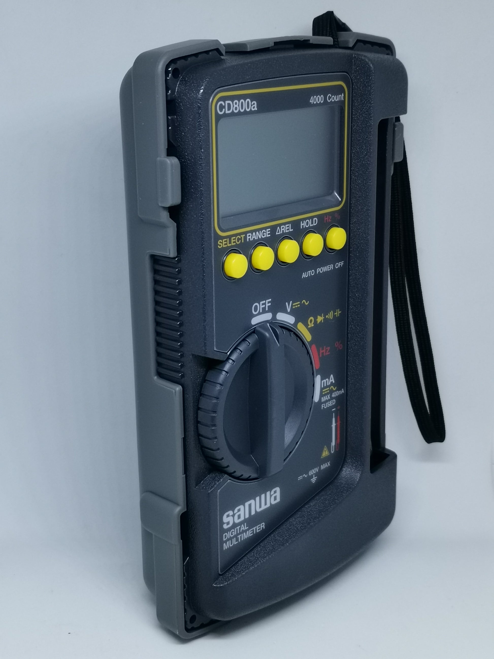 Sanwa CD800a Digital Multimeter with protective casing and yellow function buttons for electrical testing