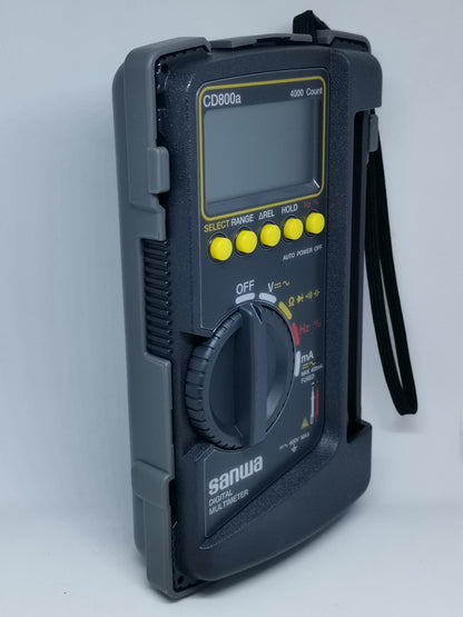 Sanwa CD800a Digital Multimeter with protective casing and yellow function buttons for electrical testing