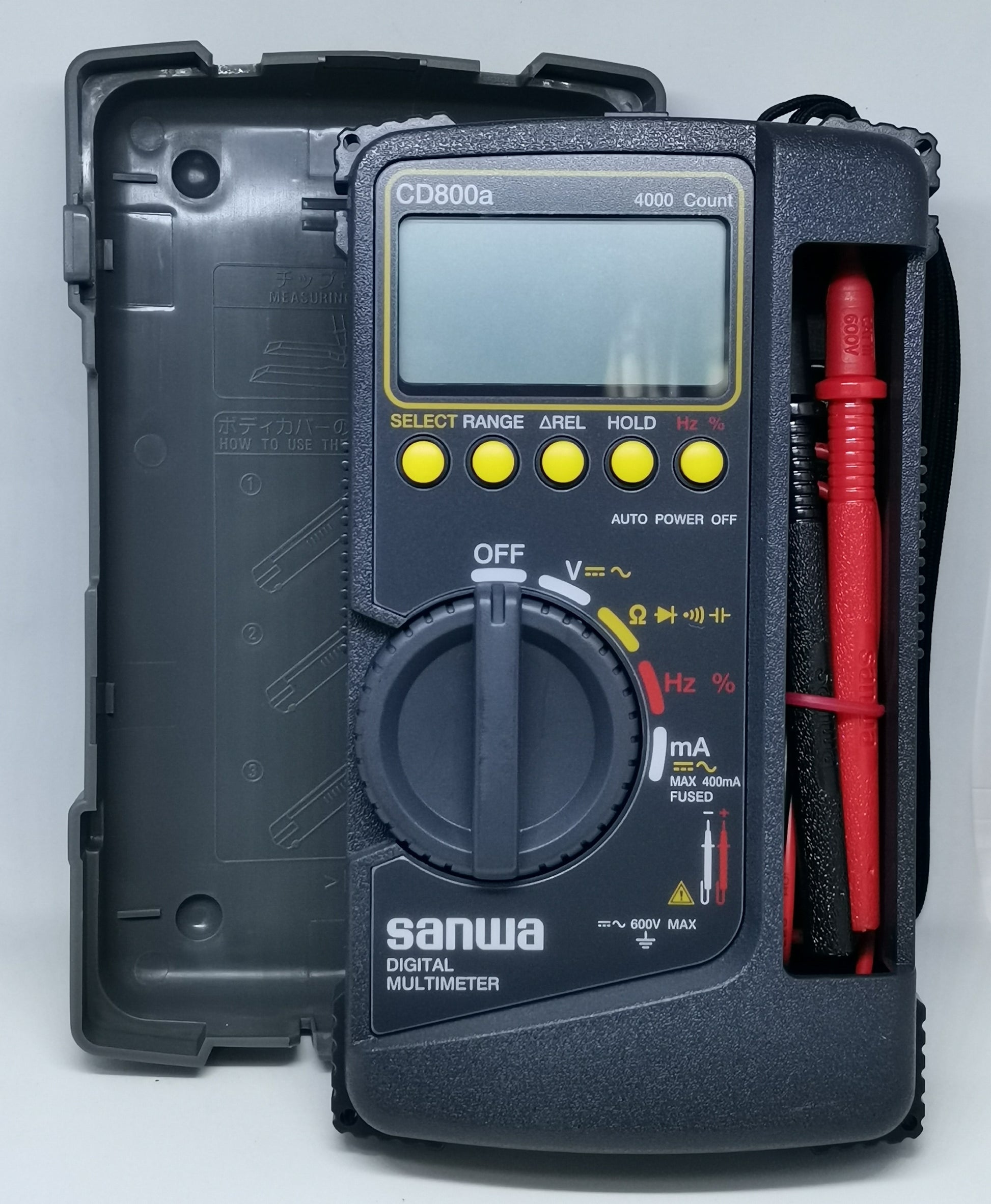 Sanwa CD800a Digital Multimeter with protective case and red test probe for electrical measurements