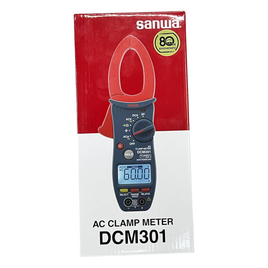 Sanwa AC clamp meter DCM301 packaging on a white background Sanwa Digital AC Clamp Meter DCM301 Measure True RMS Method ACA 60A/600A/1000A Made In Japan Electx Electrical SUpply
